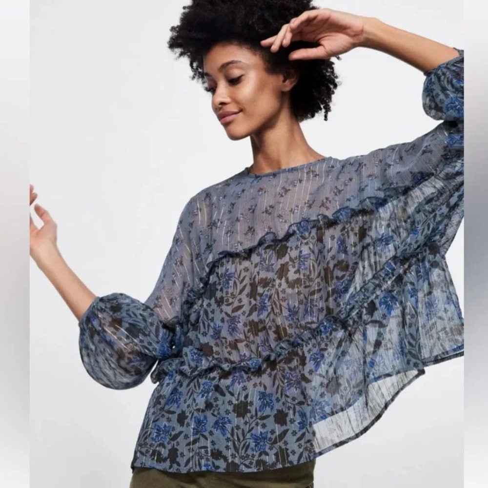 Gorgeous Zara Blue Floral Sheer Blouse